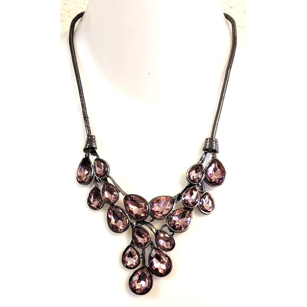 Pink Glass Rhinestone Waterfall Bib Necklace Black Gunmetal Chain Statement